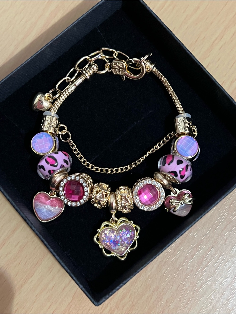 Gold-Tone Pink Heart Charm Bracelet with Pink Beads